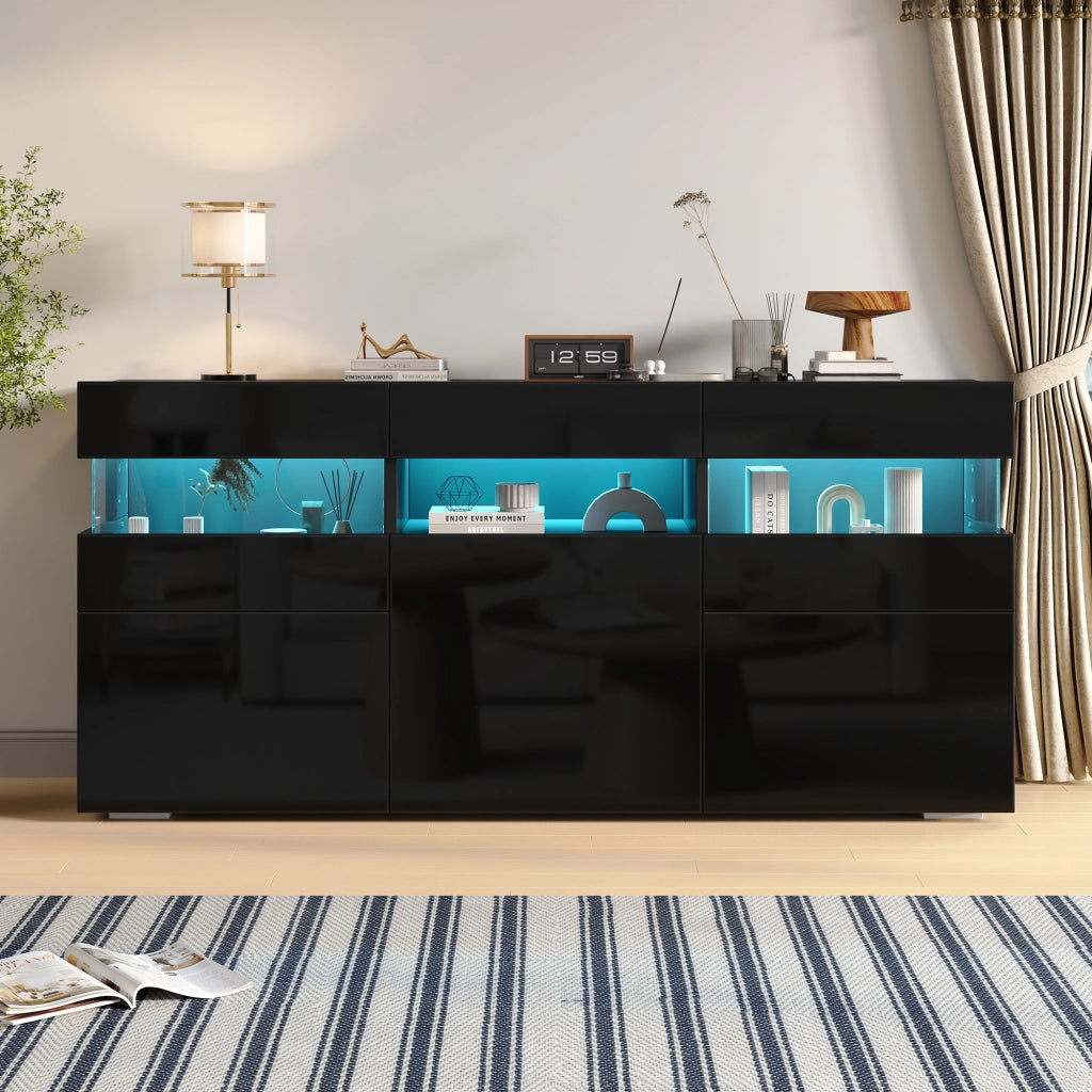 Credenza moderna nera con 3 ante, LED con app, finitura lucida e 7 vani