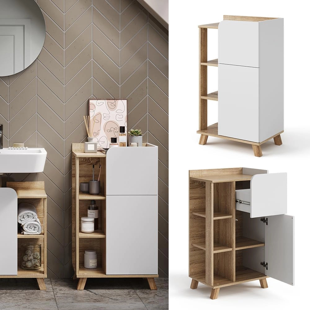 Mobiletto bagno Karen, Sonoma/Bianco, 50 x 90 cm con anta e cassetto, adatto per la conservazione di articoli da bagno e asciugamani