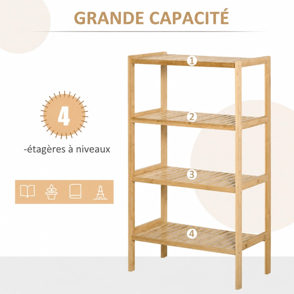 Libreria a 4 ripiani in bambù 62x33x112 cm naturale per ufficio e cucina