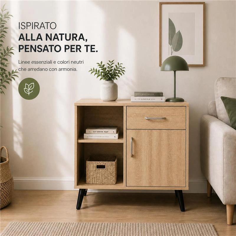 MOBILE MODERNO IN LEGNO CON 2 RIPIANI, 1 ANTA E CASSETTO COLORE ROVERE DIMENSIONI 94X38X74 CM