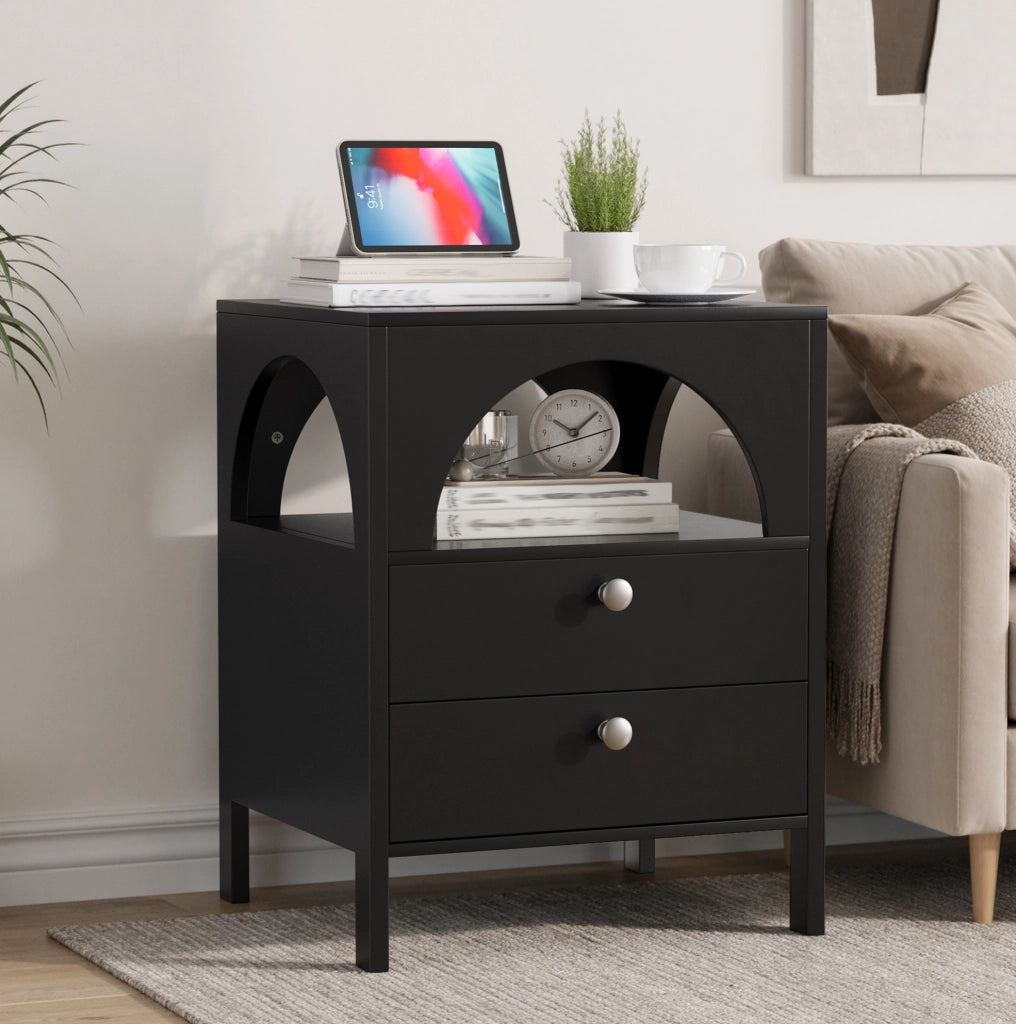 Comodino moderno 45x40x58 cm con 2 cassetti e vano aperto in MDF nero