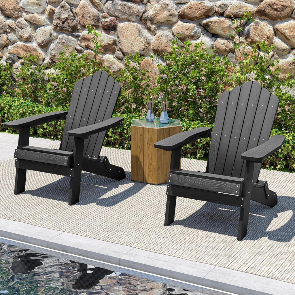 Adirondack - Sedia pieghevole, sedia da giardino con schienale inclinato e braccioli larghi, poltrona ergonomica con carico di 180 kg, seduta esterna per balcone, terrazza (nero)