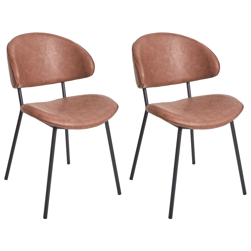 Set di 2 sedie da pranzo Rivestimento in ecopelle marrone Gambe in metallo nero Schienale curvo senza braccioli Design moderno e contemporaneo