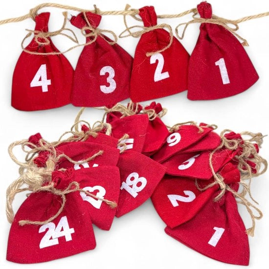 Calendario da riempire per Natale - 24 Sacchetti di cotone - Corda di juta - 9 x 11 cm - Decorazione natalizia - Calendario natalizio