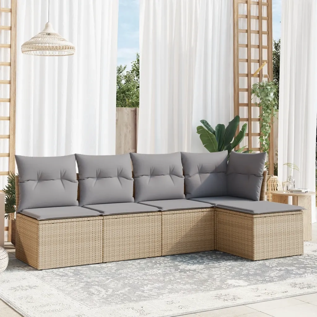 Set Divano da Giardino 5 pz | Set Salotto da Giardino con Cuscini Beige in Polyrattan