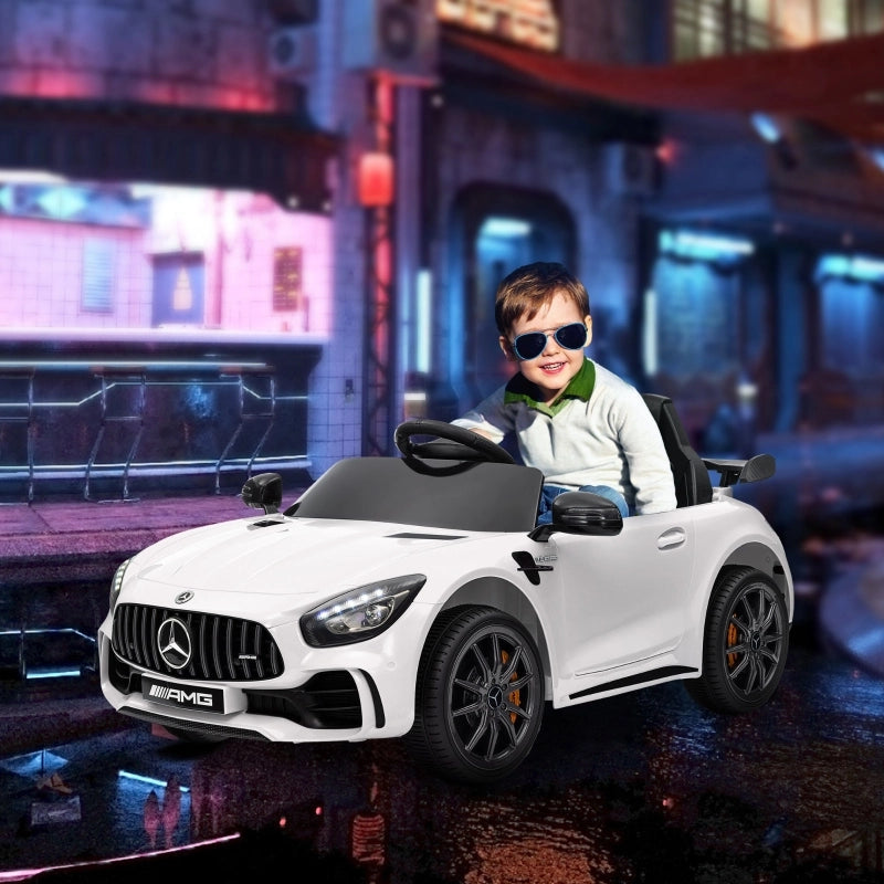 Macchina elettrica per bambini, Mercedes, 3-5 km/h, telecomando, luci e musica, bianca