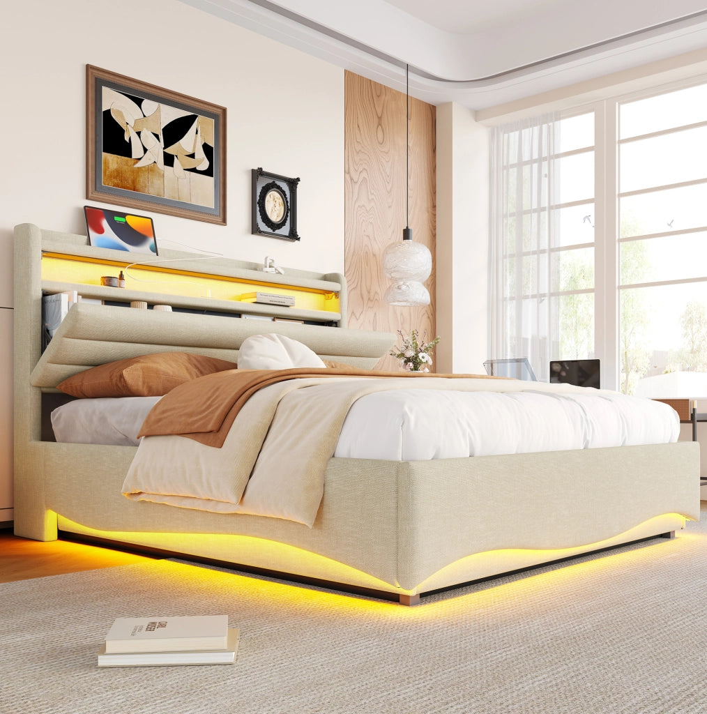 Letto imbottito 140x200 cm beige con LED, USB e Type-C