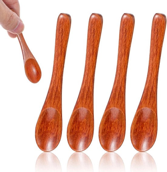 Set di 4 Lepeli in Legno per Spezie - 10 cm - Ideale per Zucchero/ Sale/ Spezie - Materiali di Legno di Loto - Formato Compatto