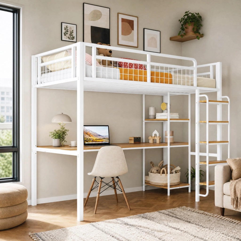 Letto a soppalco in metallo con scrivania e ripiani, 90x200 cm, bianco, con scala di sicurezza e barriera a rete