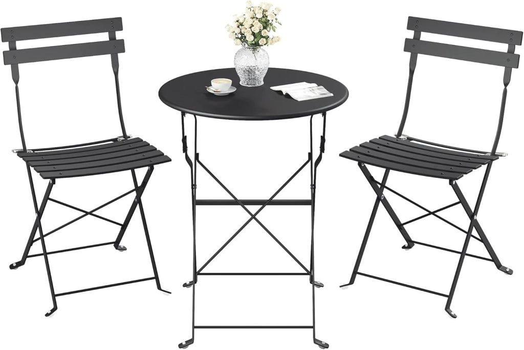 SONGMICS Set da Giardino da Esterno, 3 Pezzi, 2 Sedie, 1 Tavolo, Pieghevole, Salottino da Esterno, Acciaio, Resistente alle Intemperie, per Balcone, Terrazza, Nero Inchiostro GGF036BZ01