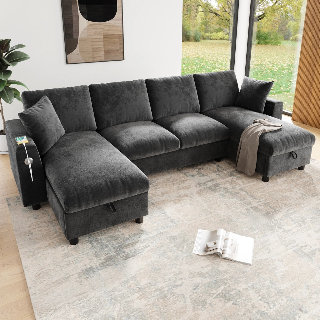 Divano angolare a U con contenitore e porte USB e Type-C in chenille grigio 279 × 135 × 84 cm