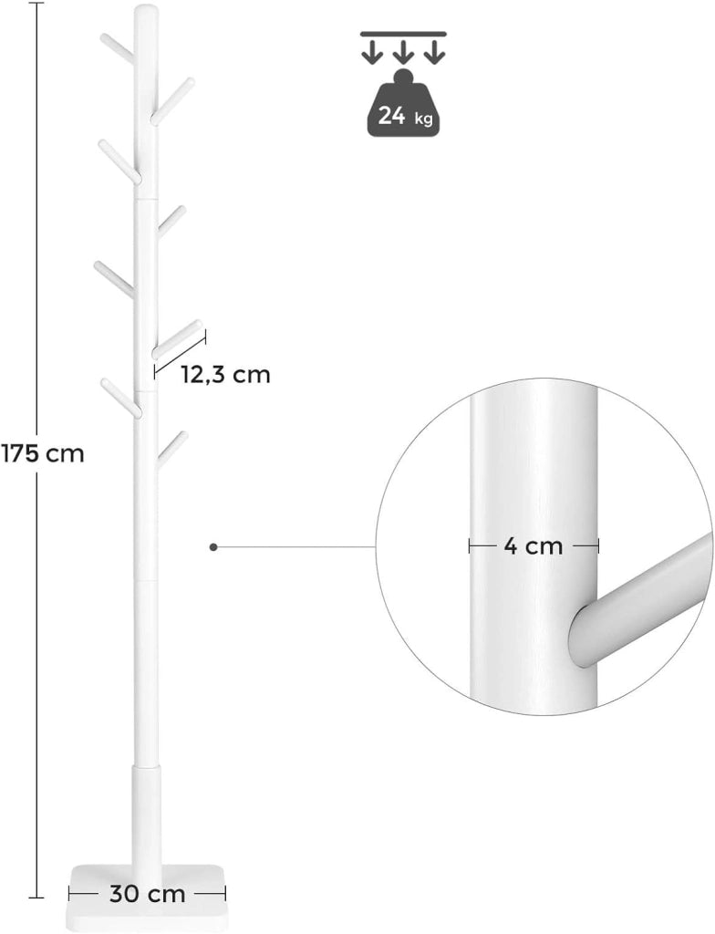 VASAGLE Attaccapanni, Set da 2, Appendiabiti da Terra in Legno, 8 Ganci, per Cappotti Cappelli Borse, per Ingresso, Ganci e Palo in Legno di Gomma, Bianco Nuvola RCR210W02