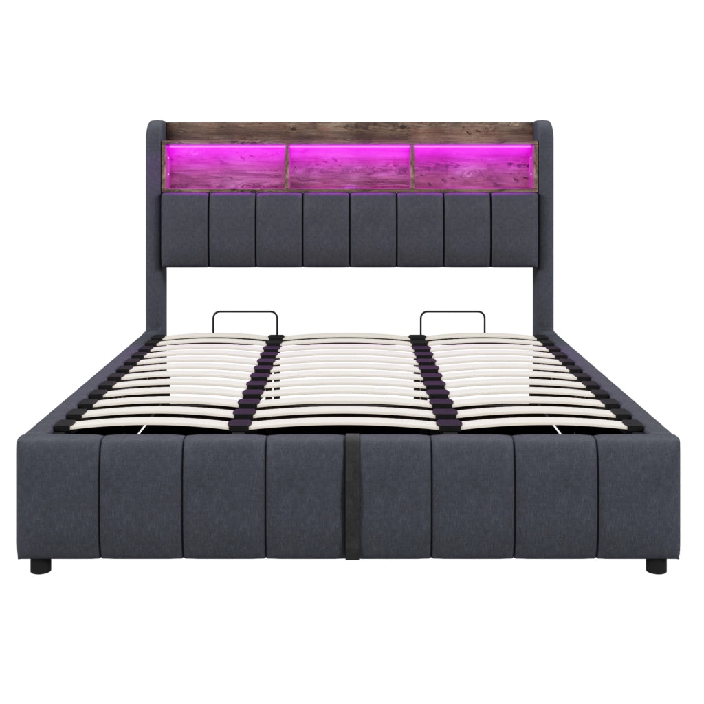 Letto imbottito 180x200 cm grigio con LED, USB/Type-C e vano contenitore