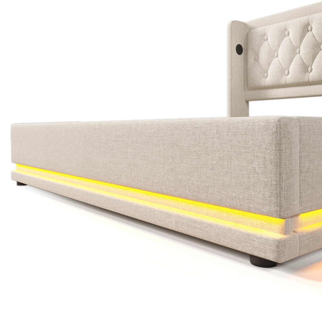 Letto matrimoniale imbottito 160x200 cm in cotone beige con contenitore; USB Type-C e LED