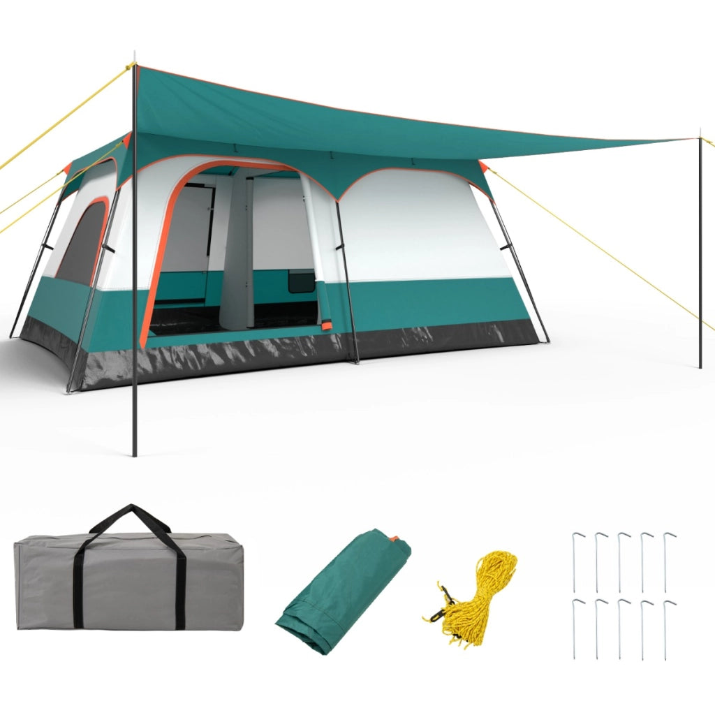 Tenda da campeggio con veranda borsa per 10 persone con veranda-Tenda familiare con 2 stanze Bianco+ Verde