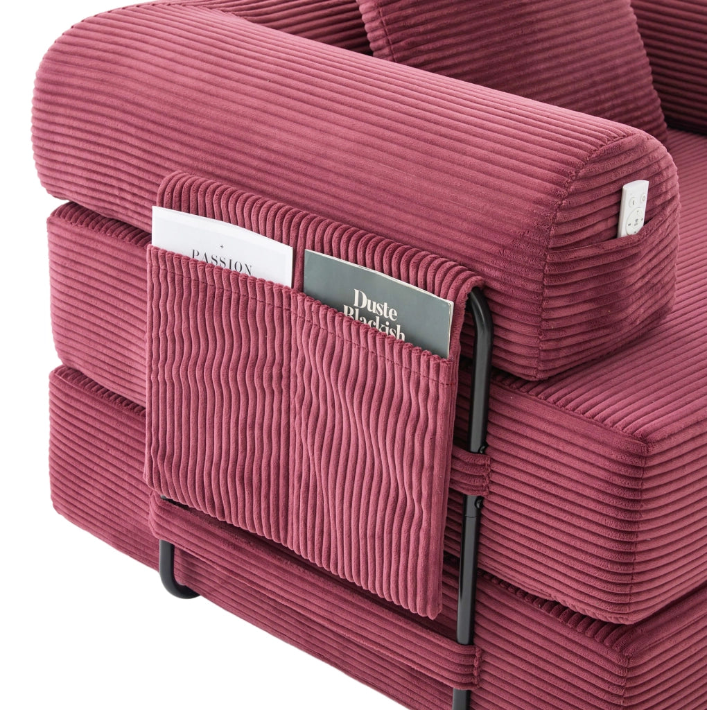 Divano modulare in velluto a coste bordeaux 112x190x67 cm con pouf; cuscino e tasca laterale