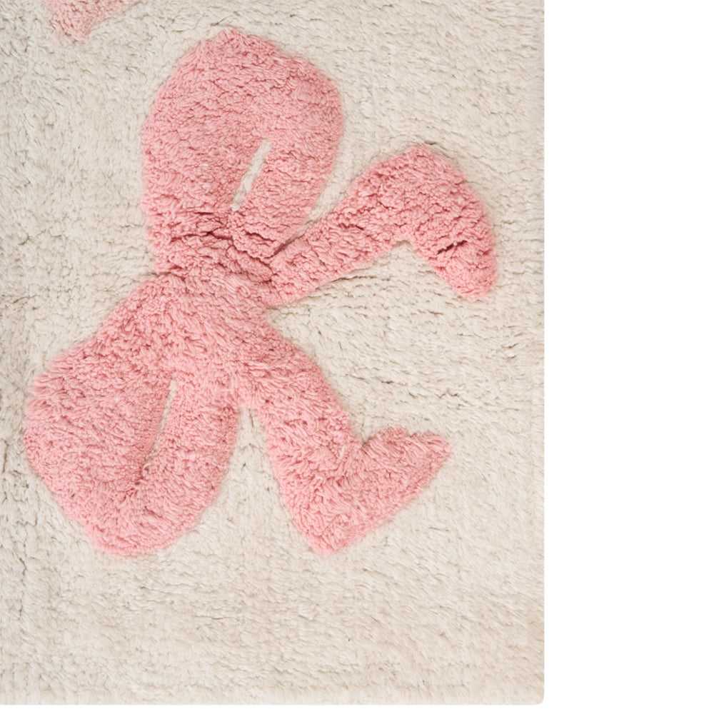 Tappeto per bambini rettangolare taftato in cotone bianco e rosa 90 x 130 cm con nastri decorativi