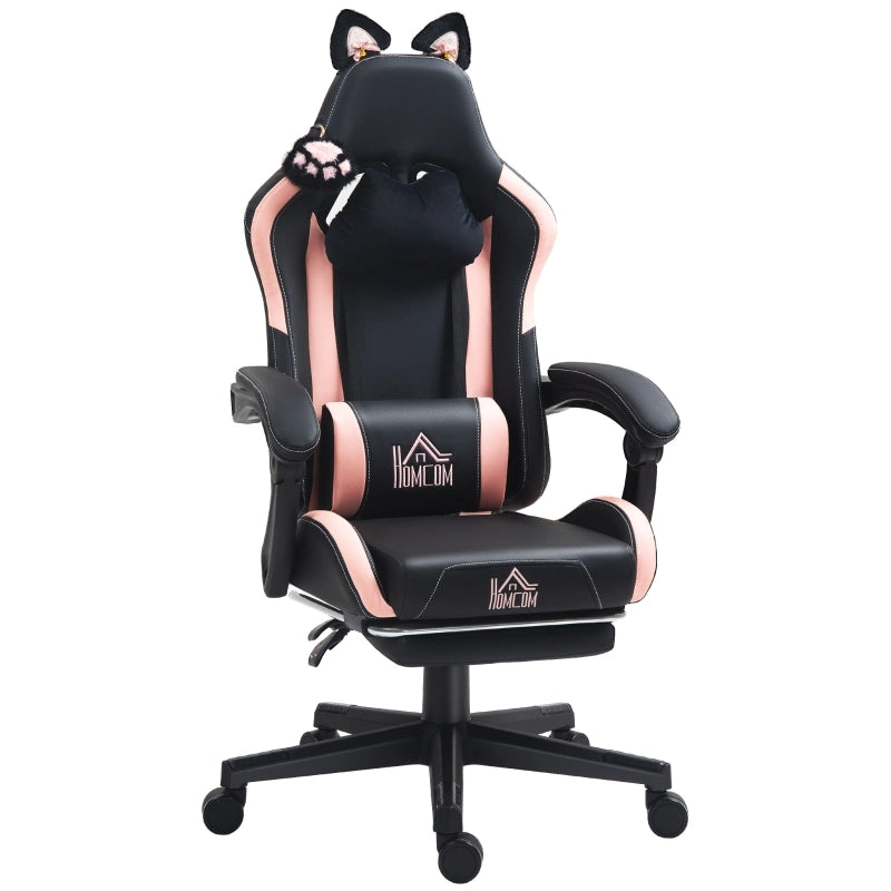 Sedia gaming con orecchie di gatto, schienale reclinabile, poggiapiedi estraibile e ruote in ecopelle nera