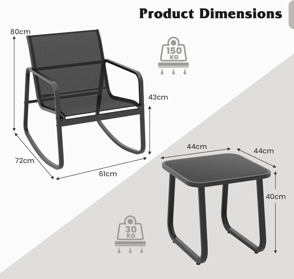Set da Giardino per 2 Sedie a Dondolo con Tavolino in Vetro, Tessuto Traspirante e Gambe Regolabili, Ideale per Balcone, 3 Colori (Nero)