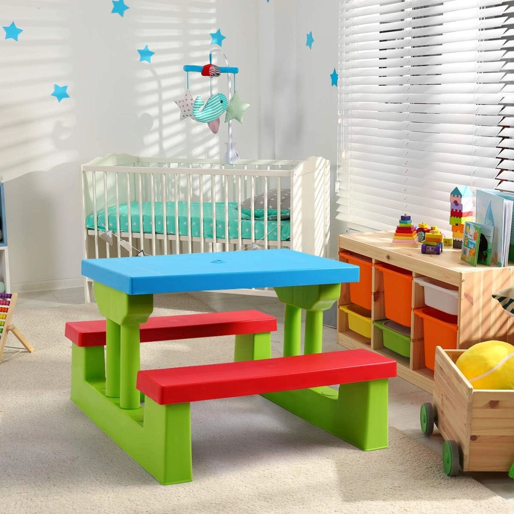 Set di Sedie per Bambini con Ombrellone, Mobili per Bambini con 1 Tavolo e 2 Panche, Set di Sedute per Bambini in PP, Set da Picnic per Parco Giardino Campeggio, Blu+Rosso+Verde