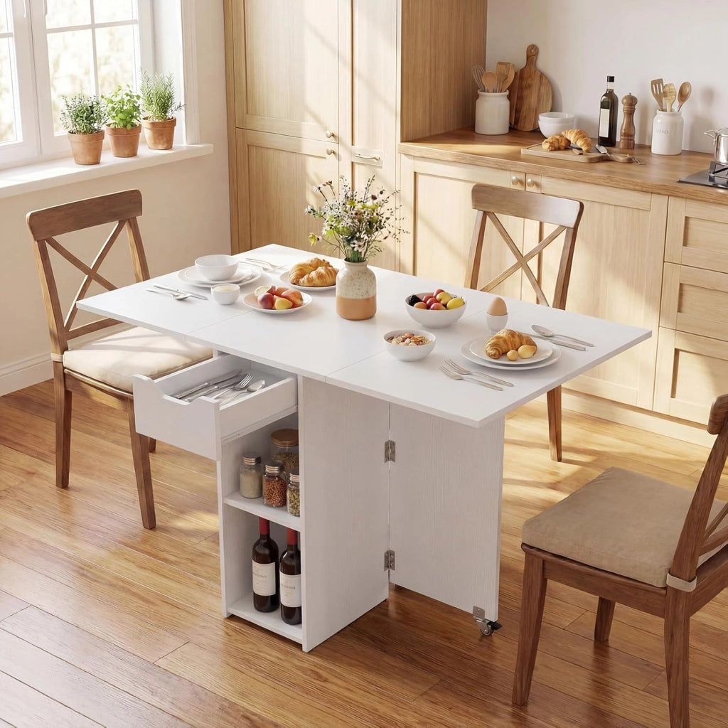 Tavolo da Pranzo Pieghevole, Mobile da Cucina con Ali Pieghevoli, 1 Cassetto e 2 Ripiani Aperti, per 2-4 Persone, Salvaspazio, 120 x 72 x 75 cm, Ideale per Sala e Cucina