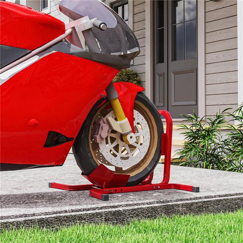 BLOCCA RUOTA MOTO REGOLABILE SU 3 LIVELLI DA 250 KG MAX IN METALLO, 60X55X43 CM, ROSSO