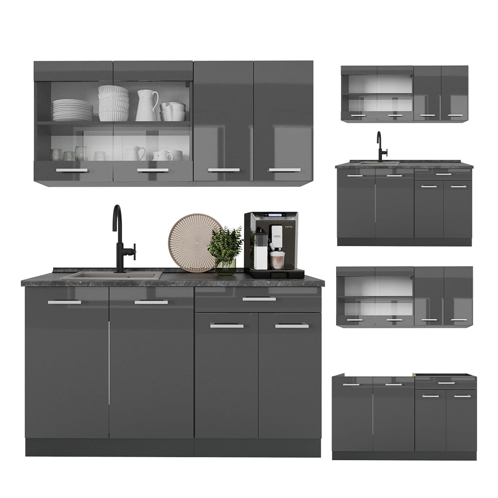 Cucina completa R-Line Antracite lucido/Antracite 140 cm senza piano di lavoro Vicco