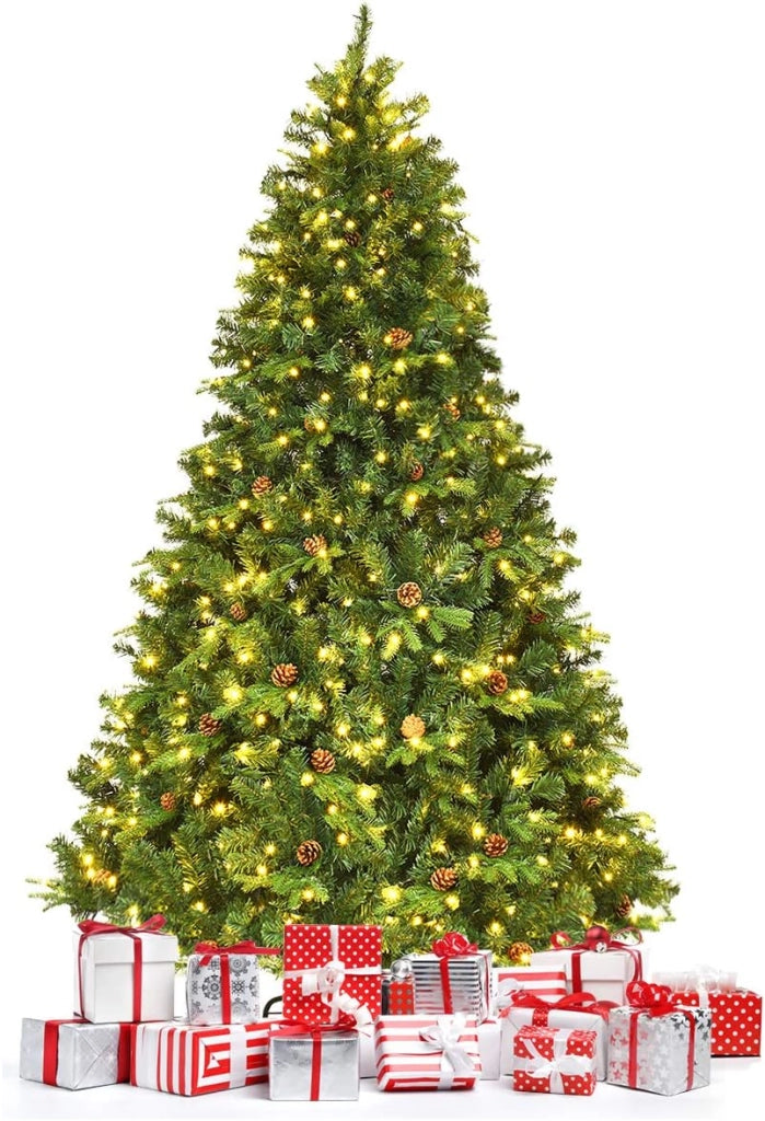Albero di Natale 210/225/240 cm, Albero di Natale con 460/540/600 Luci a LED Bianco Caldo, 925/1125/1335 Rami e Pigne, Decorazione Natalizia per Casa e Negozio (225cm)