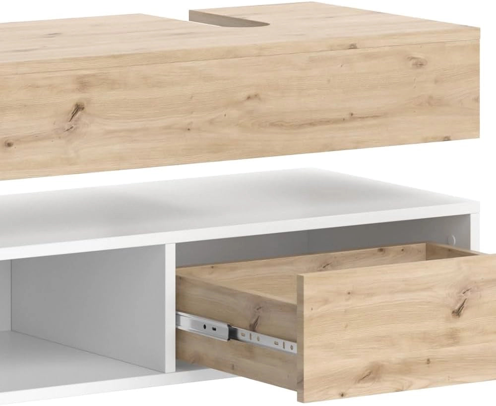 Mobile sottolavabo per bagno Henri, Bianco, 100 x 15 cm con cassetto, per il montaggio sotto il lavandino con ritaglio per sifone