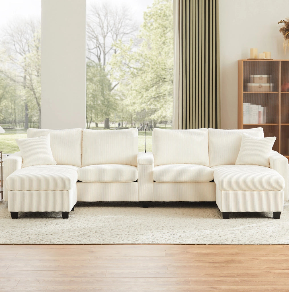 Divano a U 334x128,5 cm in velluto a coste beige con LED, USB/Type-C e 2 pouf