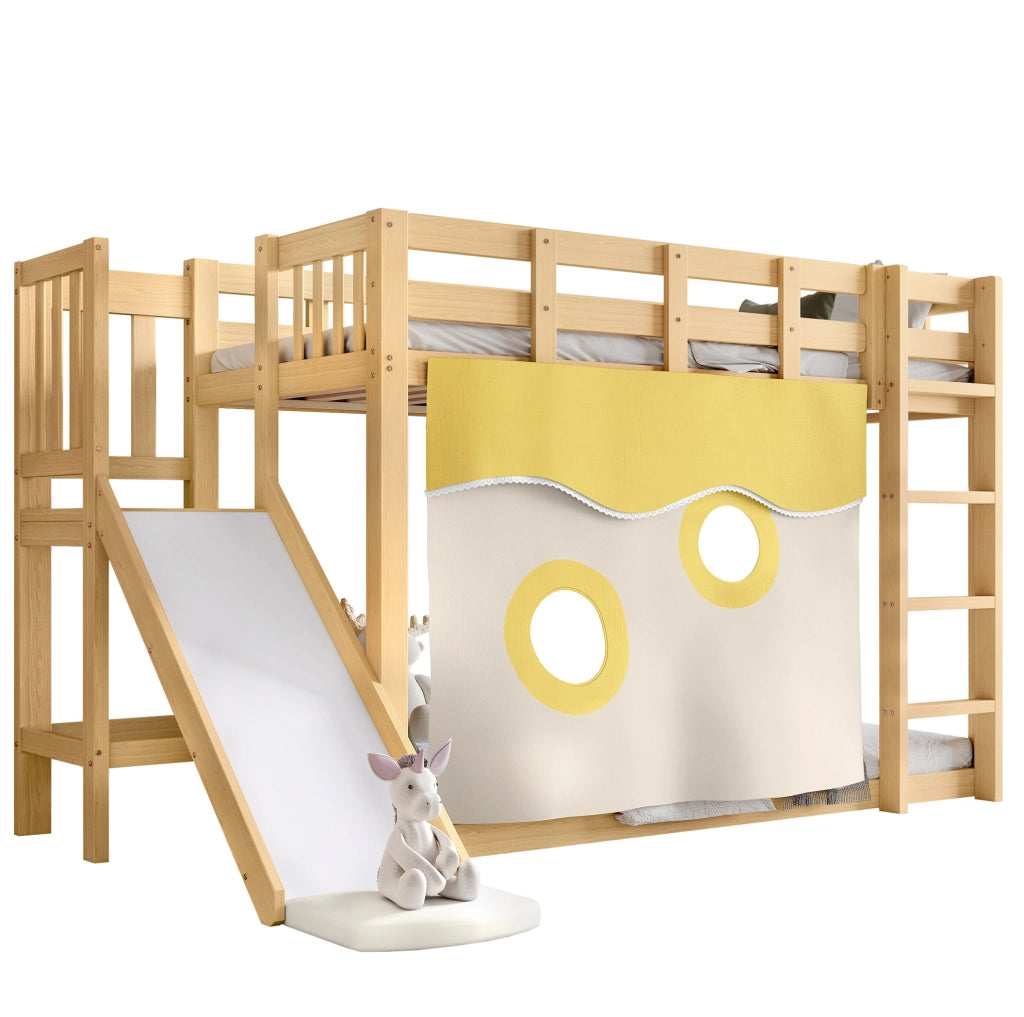 Letto a castello 90x200 cm con scivolo; tenda e scala in MDF e pino naturale