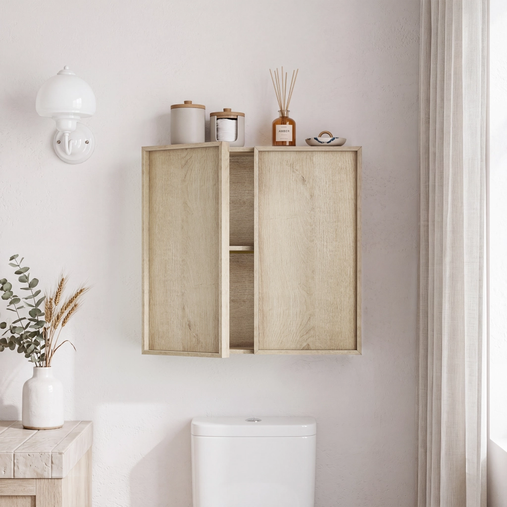 Mobile bagno pensile in finitura rovere con doppia anta, design minimalista e salvaspazio