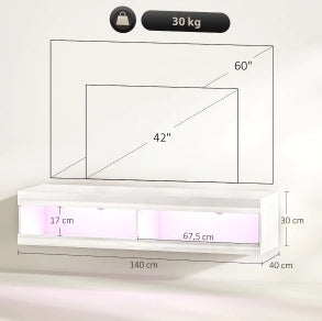 Mobile TV 140x40x30 cm con illuminazione LED RGB; legno; bianco lucido