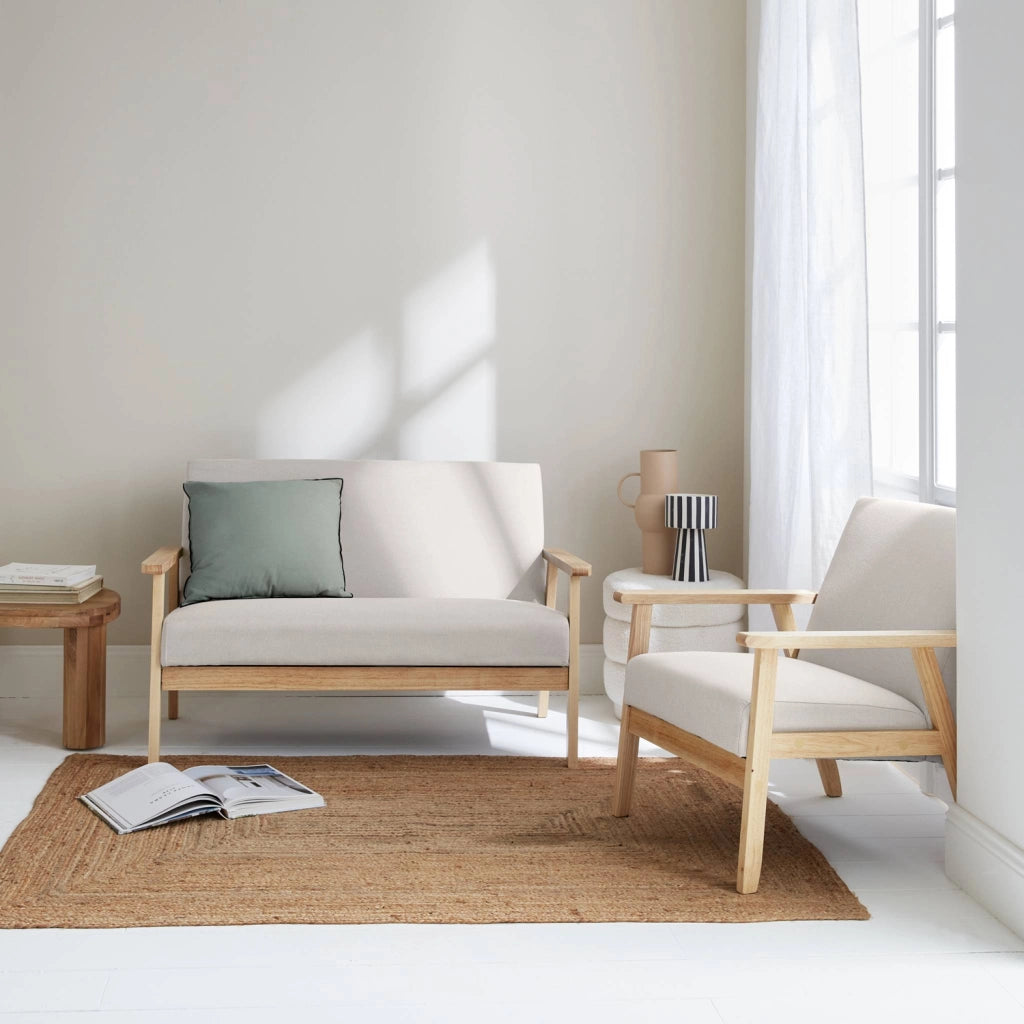Set panca e poltrona in legno e tessuto, 3 posti, beige