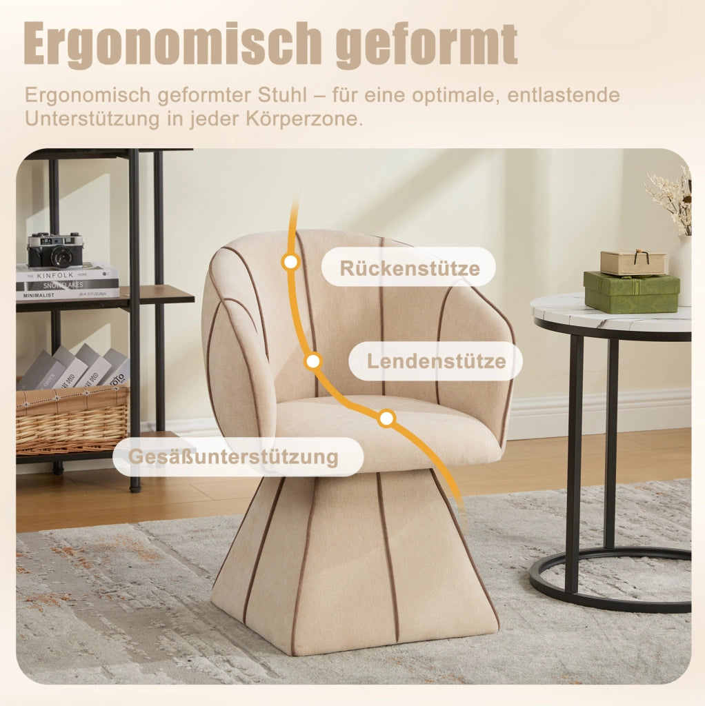 Poltrona girevole in tessuto Chenille colore cammello; 56x54x74;5 cm; con schienale ergonomico