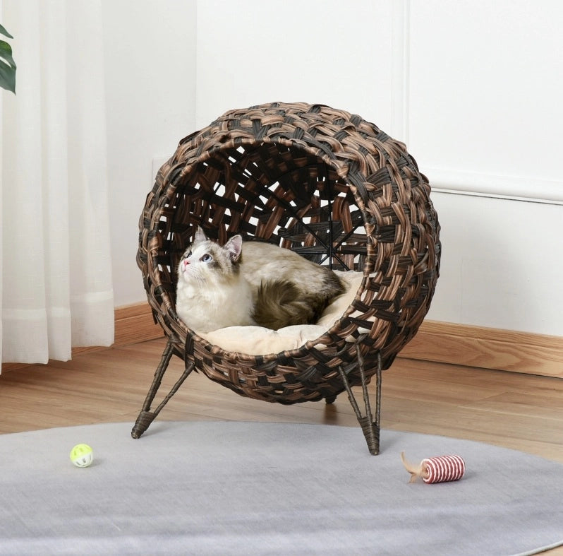 Cuccia per gatti ULEVR 54x46x59 cm in rattan PE marrone con cuscino in velluto e piedi rialzati
