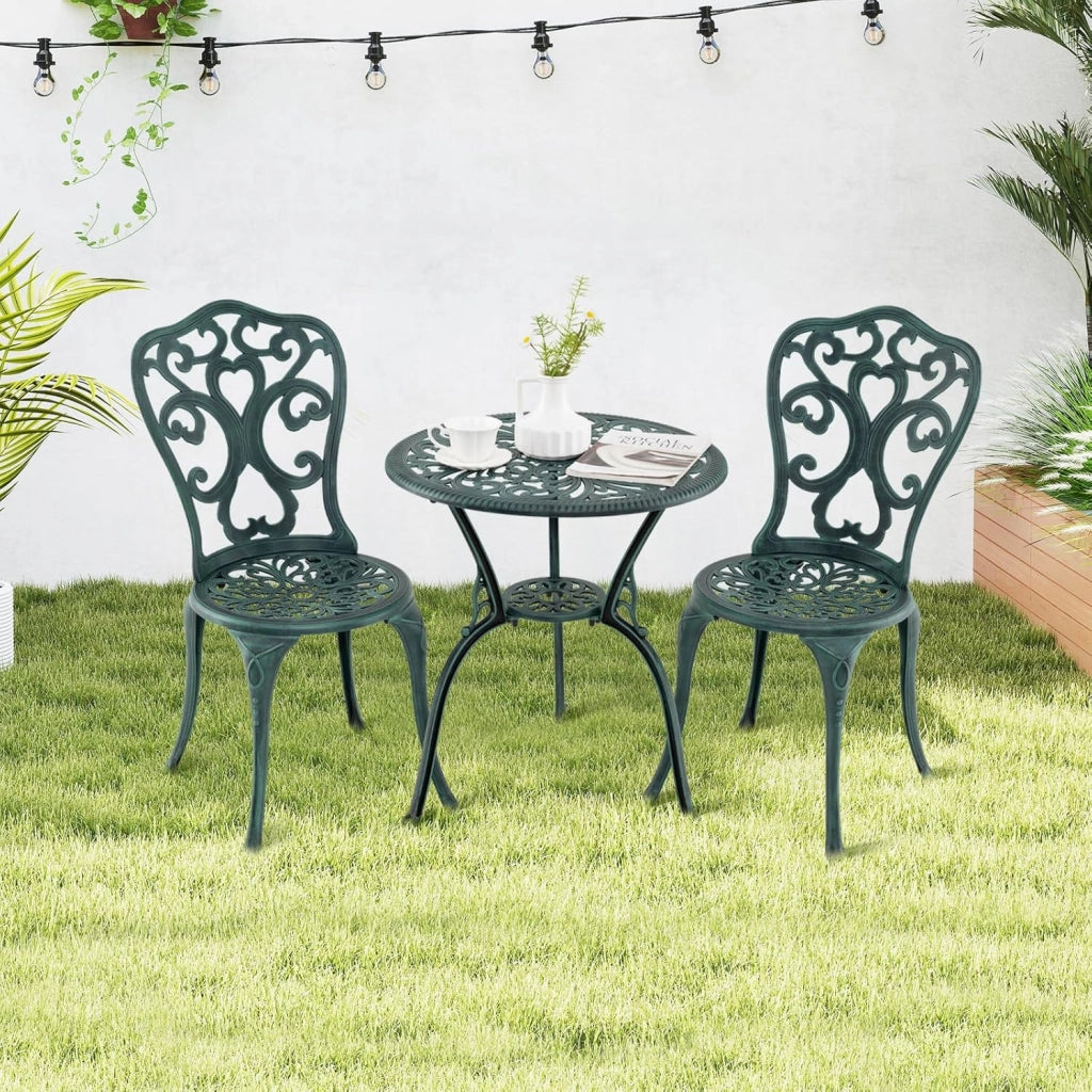 Set da Bistro da Patio a 3 Pezzi, Sedie e Tavolo in Alluminio con Foro per Ombrello, Set da Bistro da Esterno per Veranda, Giardino e Piscina (Verde)
