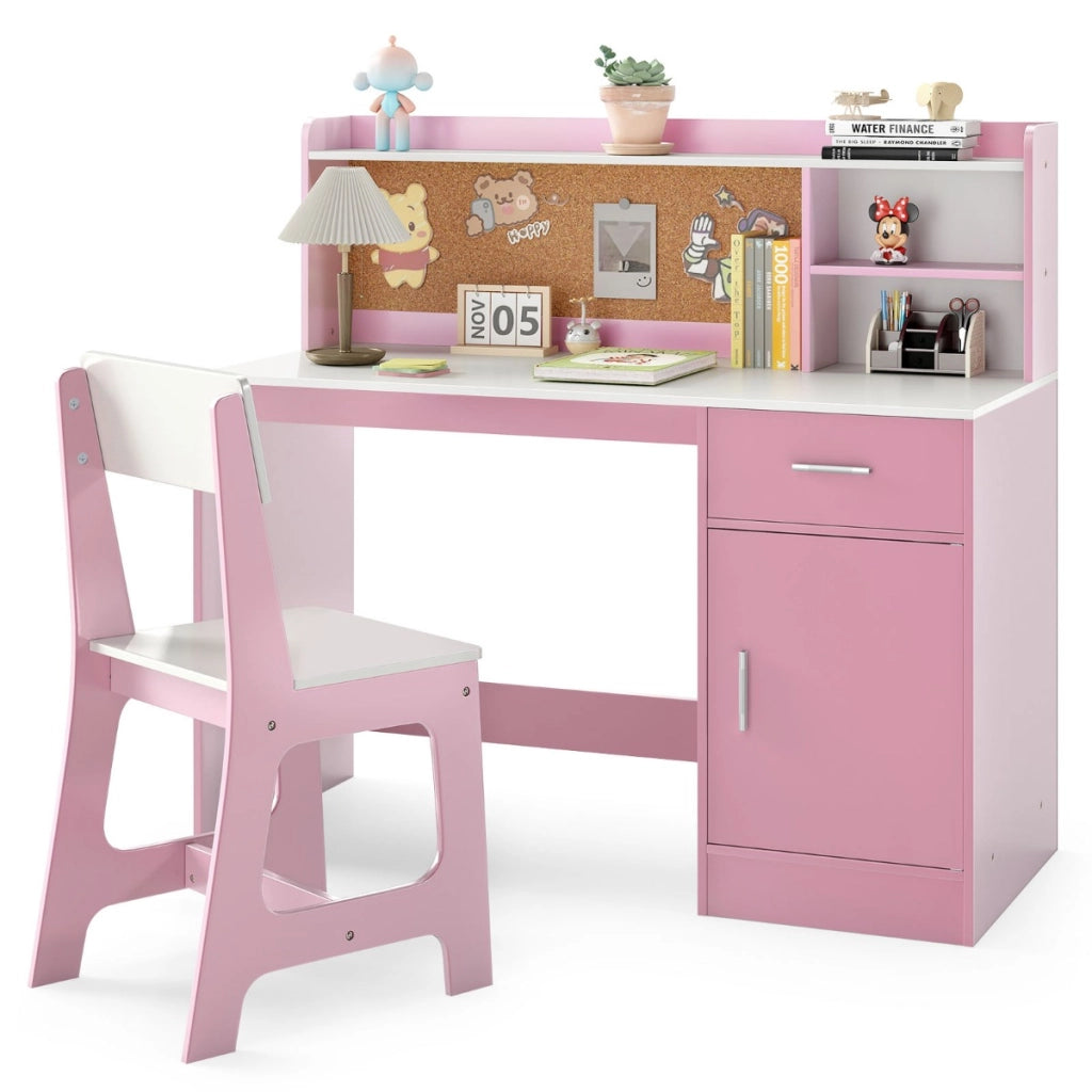 Set scrivania e sedia per studenti con mensole e cassetto, Tavolo e sedia per camera da letto e asilo nido Rosa