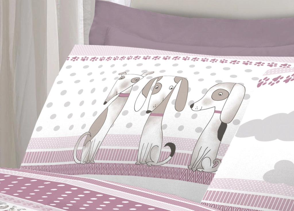 Completo Lenzuola Letto Pensieri Delicati 100% Cotone Dis. Bau Bau - Piazza E Mezza - Rosa