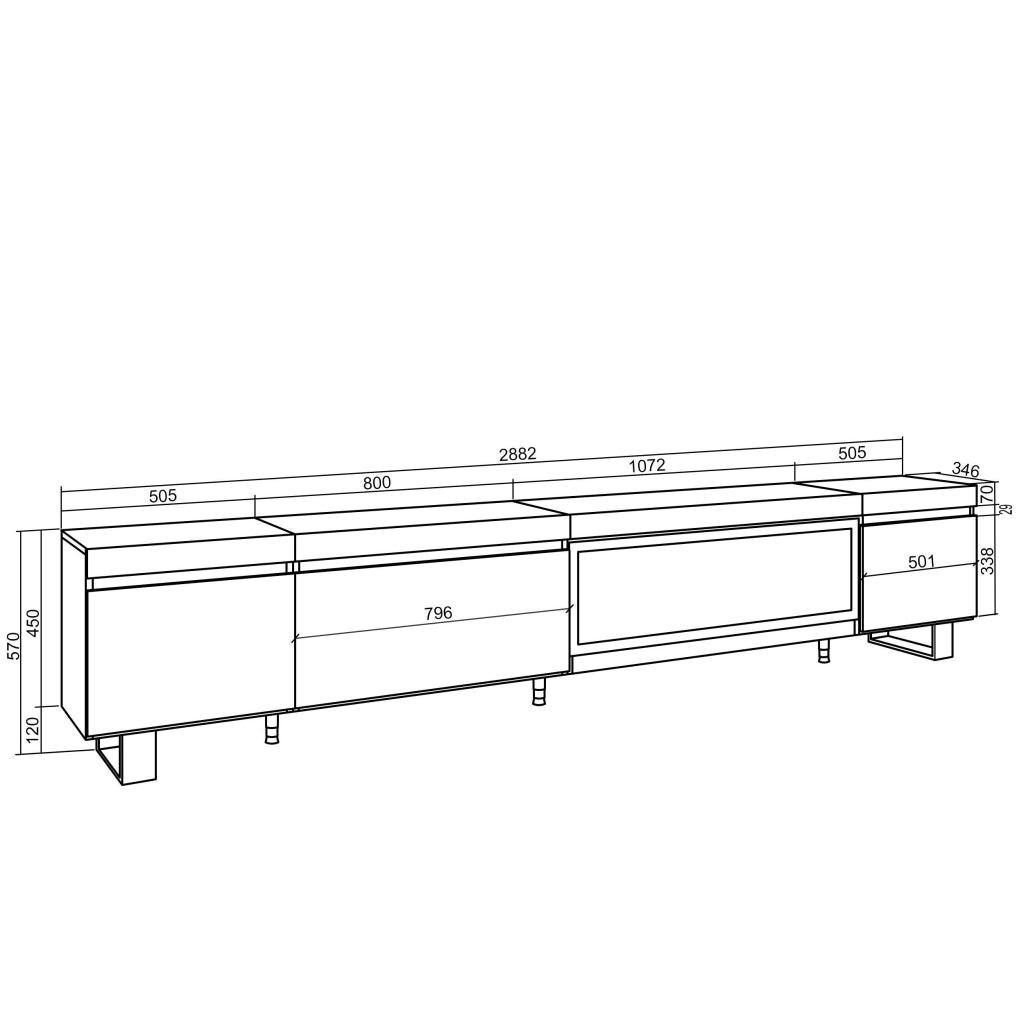 Mobile TV Soggiorno, 288x35x57cm, TV di grande formato, Camino elettrico XXL, Design industriale, grigio cemento RF3620