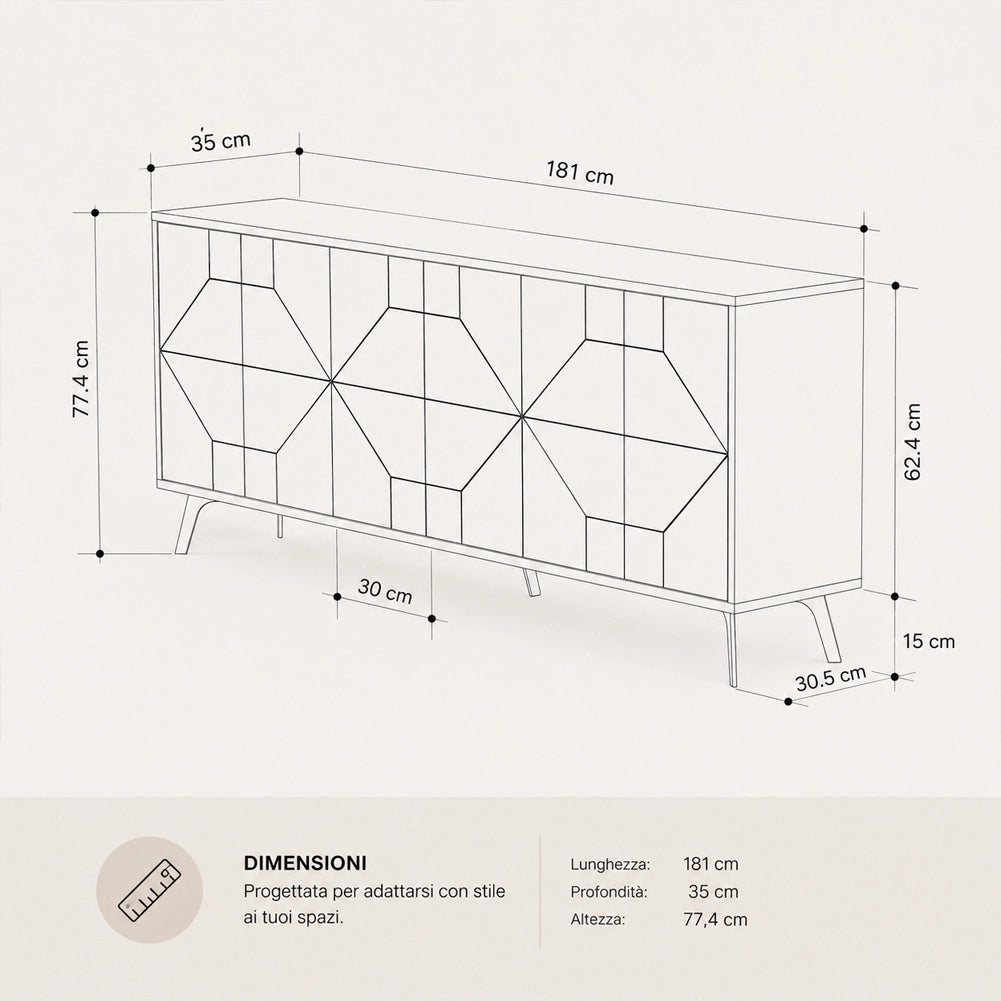 Madia con 6 Ante Credenza Design Geometrico Moderno in Legno 184x77 cm Tortora