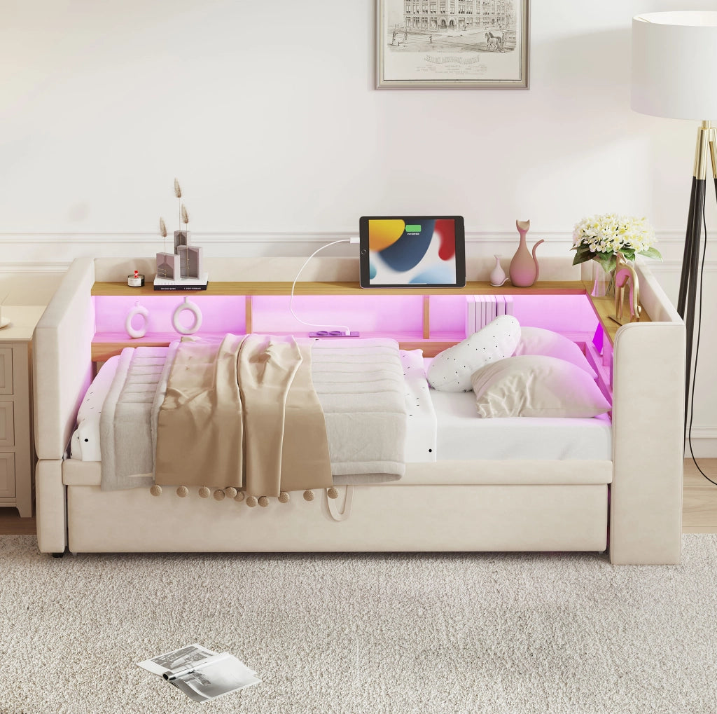 Divano letto imbottito 90/180 x 190 cm beige con LED, prese e vani contenitore