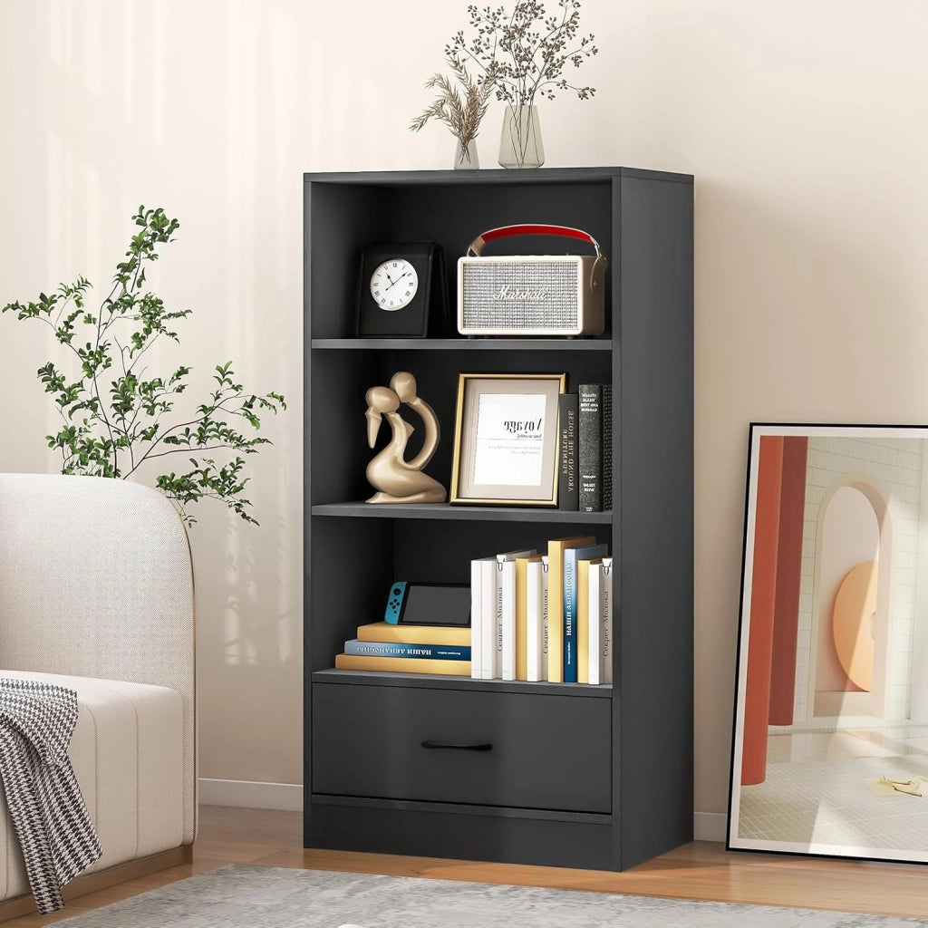 Mensola con cassetto, Libreria 4 Livelli con 3 Vani Aperti, Mensola in Legno per Soggiorno, Camera da letto, Ufficio (Grigio)