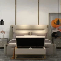 Panca Contenitore Rettangolare con Seduta Imbottita e Gambe in Acciaio, 110x44x49 cm, Beige