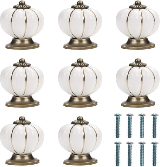 Tappi di Cermica Vintage - Maniglie a Manubrio Bianche e Dorate - 8 Pezzi - Adatti per Mobili