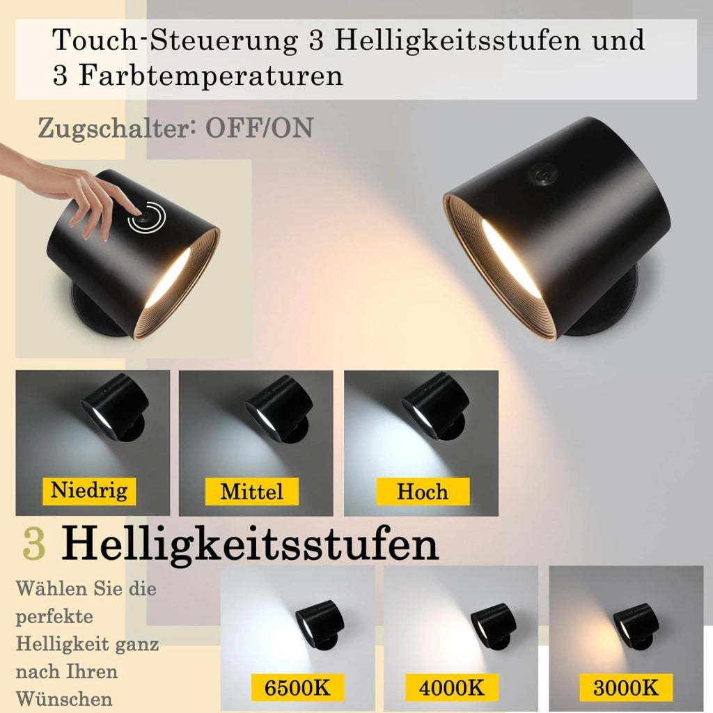 ZMH Applique da parete a LED nera per soggiorno batteria rotazione a 360° controllo touch 3 livelli di luminosità