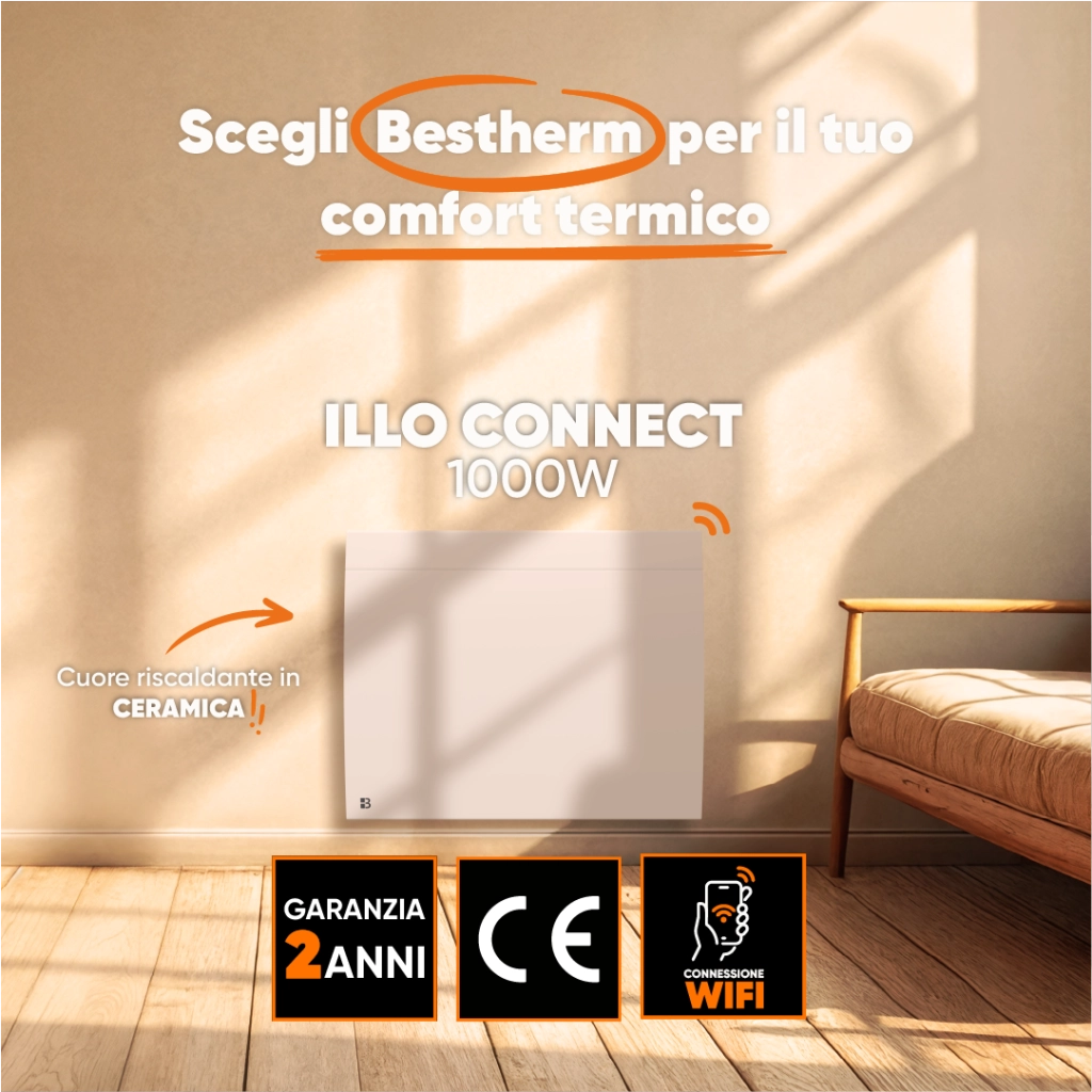 Radiatore elettrico fisso connesso WIFI con inerzia ceramica a secco 1000W ILLO CONNECT orizzontale bianco