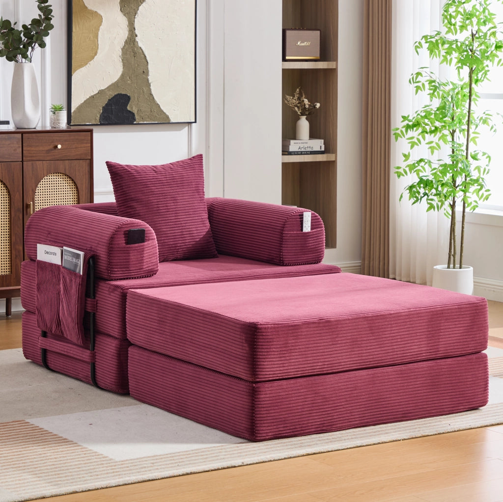 Divano modulare in velluto a coste con pouf e cuscino; 112 × 190 × 67 cm; rosso vino