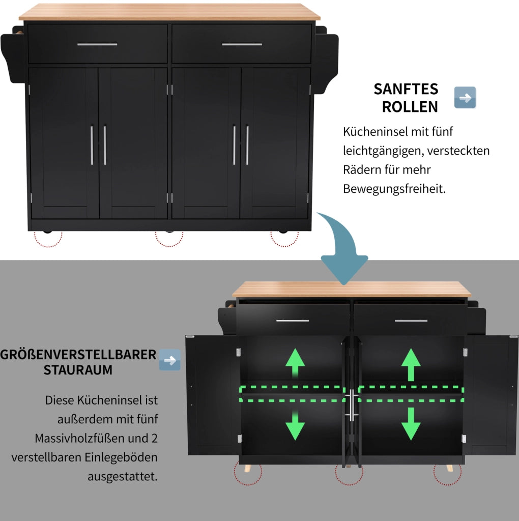 Carrello da cucina con piano ribaltabile 120x46/70x91;5 cm in MDF nero e naturale; con ruote