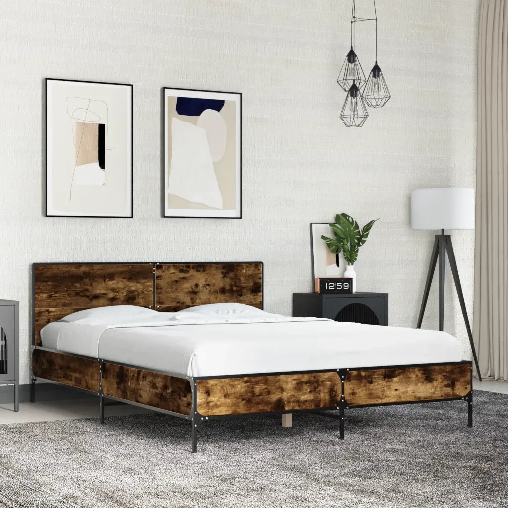 Letto matrimoniale | Letto per adulti | Giroletto Rovere Fumo 120x200 cm in Legno Multistrato Metallo